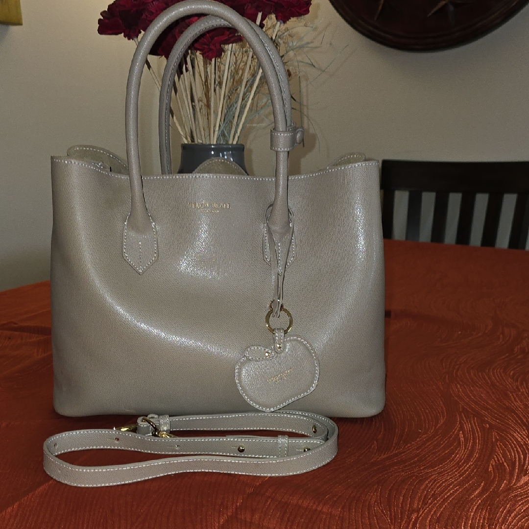 Teddy Blake Taupe Handbag Genuine Leather And Suede Interior With Heart Charm.